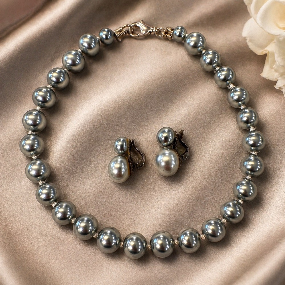 Vintage Grey Faux Glass Pearl Necklace Clip On Earring Set Classic Bridal Formal